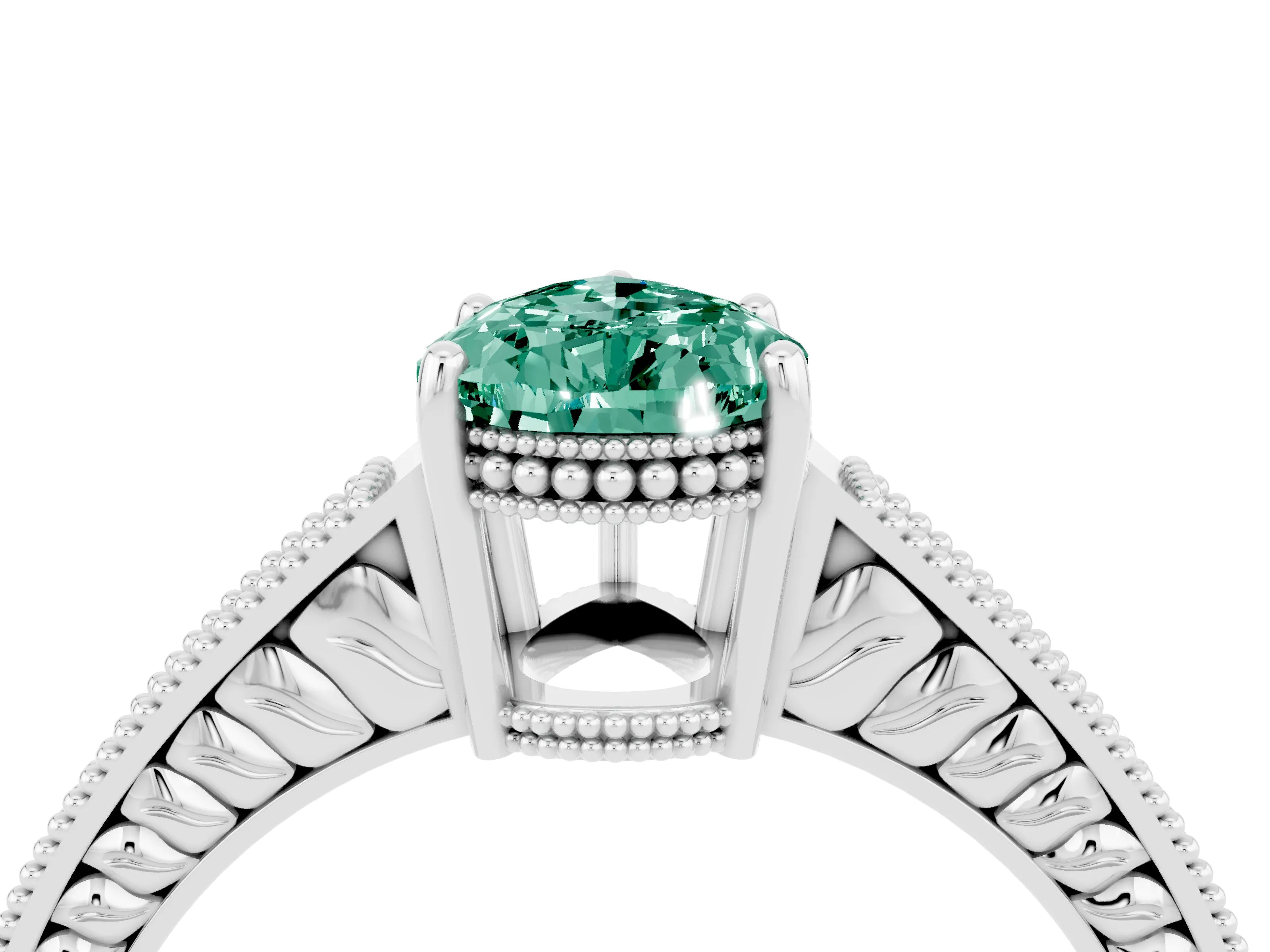 White gold Pear Cut Green Sapphire Ring with Milgrain Pavé Band and Four-Prong Setting_40