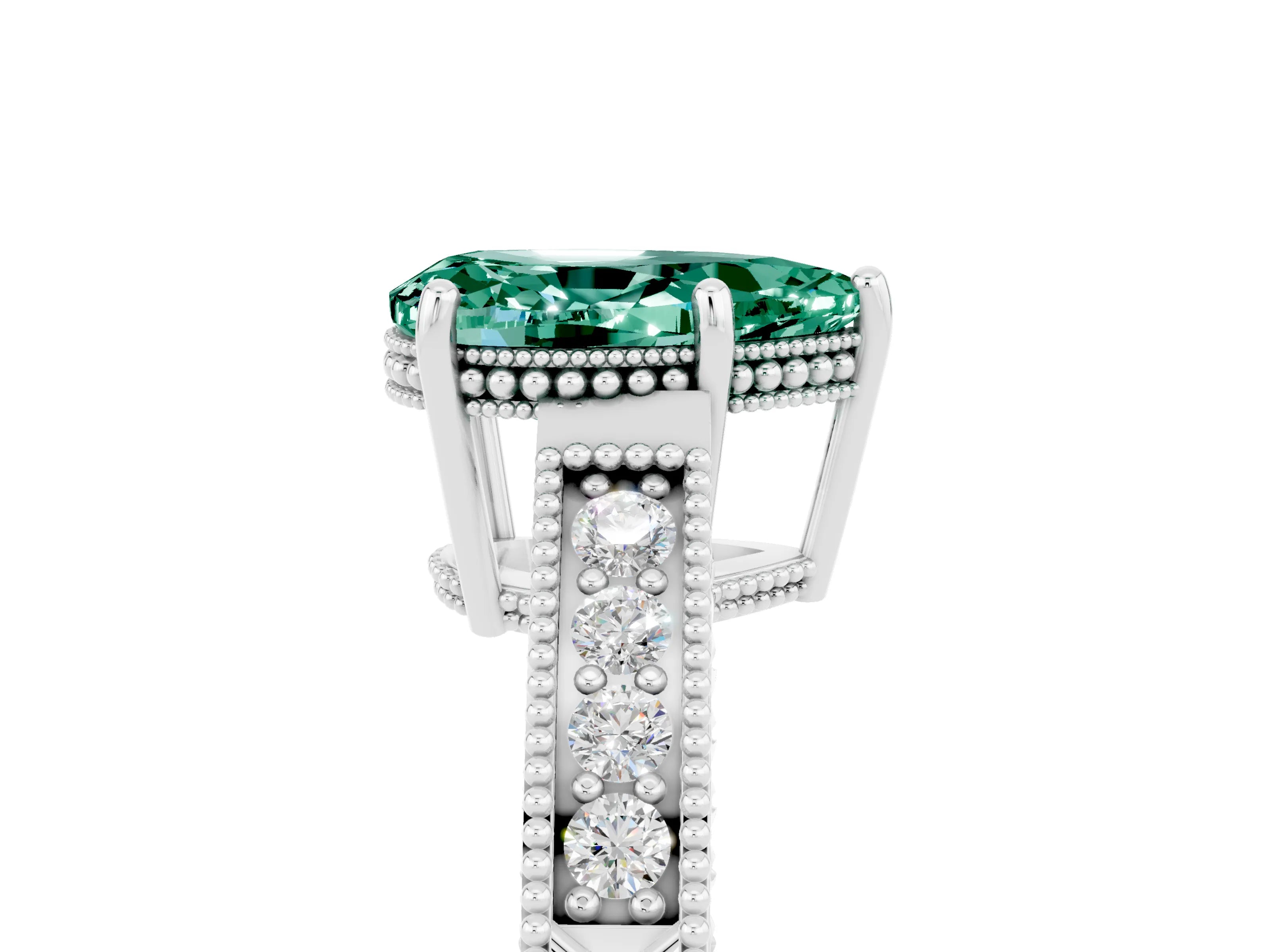 White gold Pear Cut Green Sapphire Ring with Milgrain Pavé Band and Four-Prong Setting_41