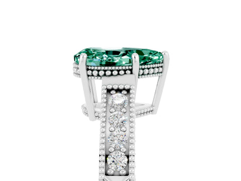 White gold Pear Cut Green Sapphire Ring with Milgrain Pavé Band and Four-Prong Setting_41