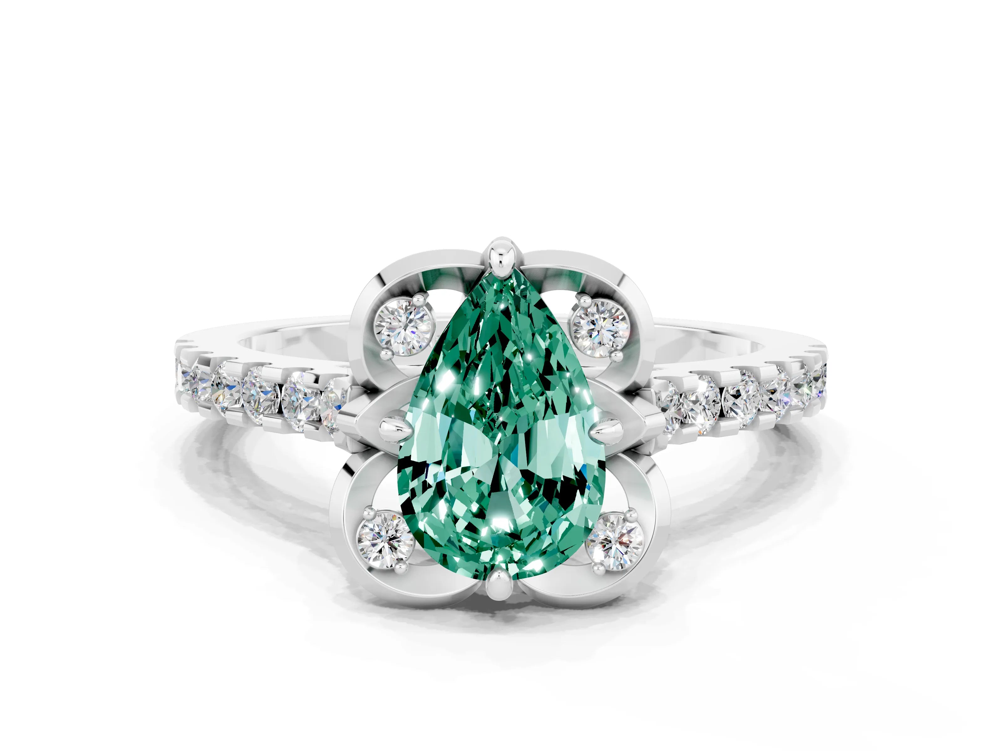White gold Pear Cut Green Sapphire Ring with Pavé Band and Floral Prong Setting