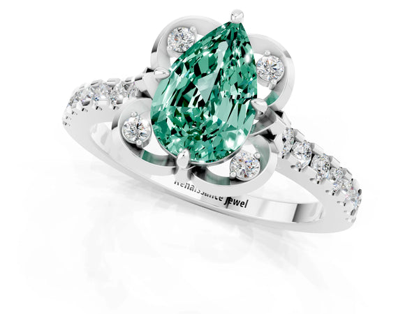 White gold Pear Cut Green Sapphire Ring with Pavé Band and Floral Prong Setting