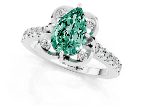 White gold Pear Cut Green Sapphire Ring with Pavé Band and Floral Prong Setting_1