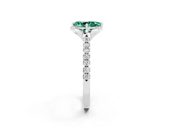 Platinum Pear Cut Green Sapphire Ring with Pavé Band and Floral Prong Setting