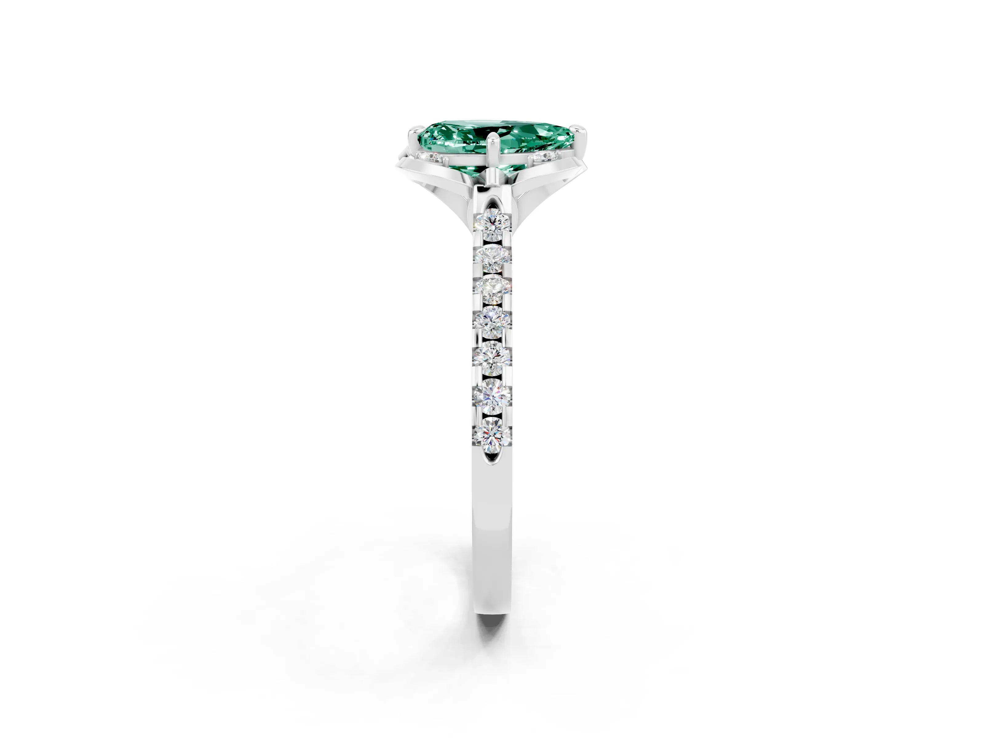 White gold Pear Cut Green Sapphire Ring with Pavé Band and Floral Prong Setting_2
