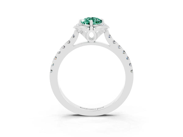 Platinum Pear Cut Green Sapphire Ring with Pavé Band and Floral Prong Setting