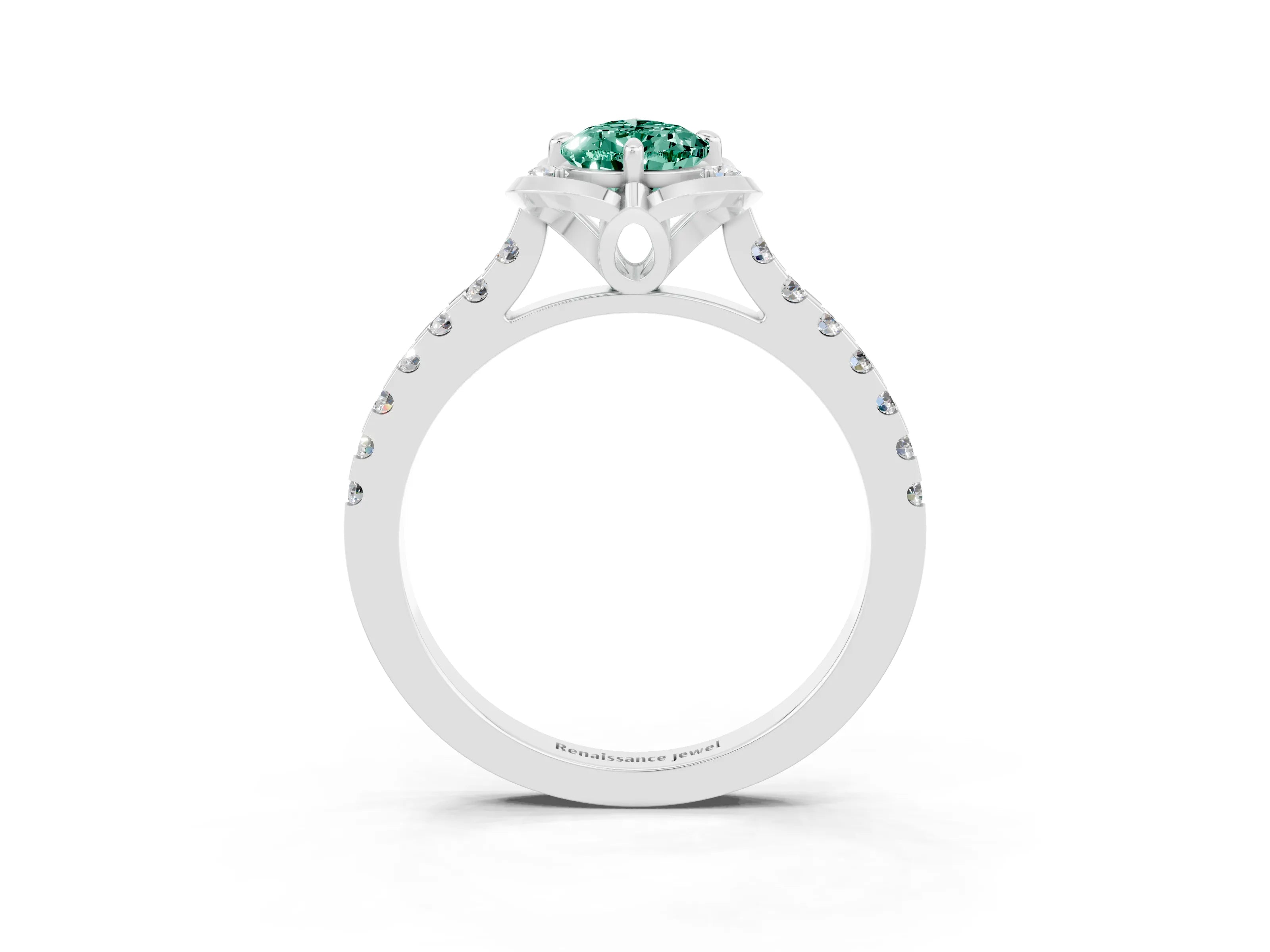 White gold Pear Cut Green Sapphire Ring with Pavé Band and Floral Prong Setting_3