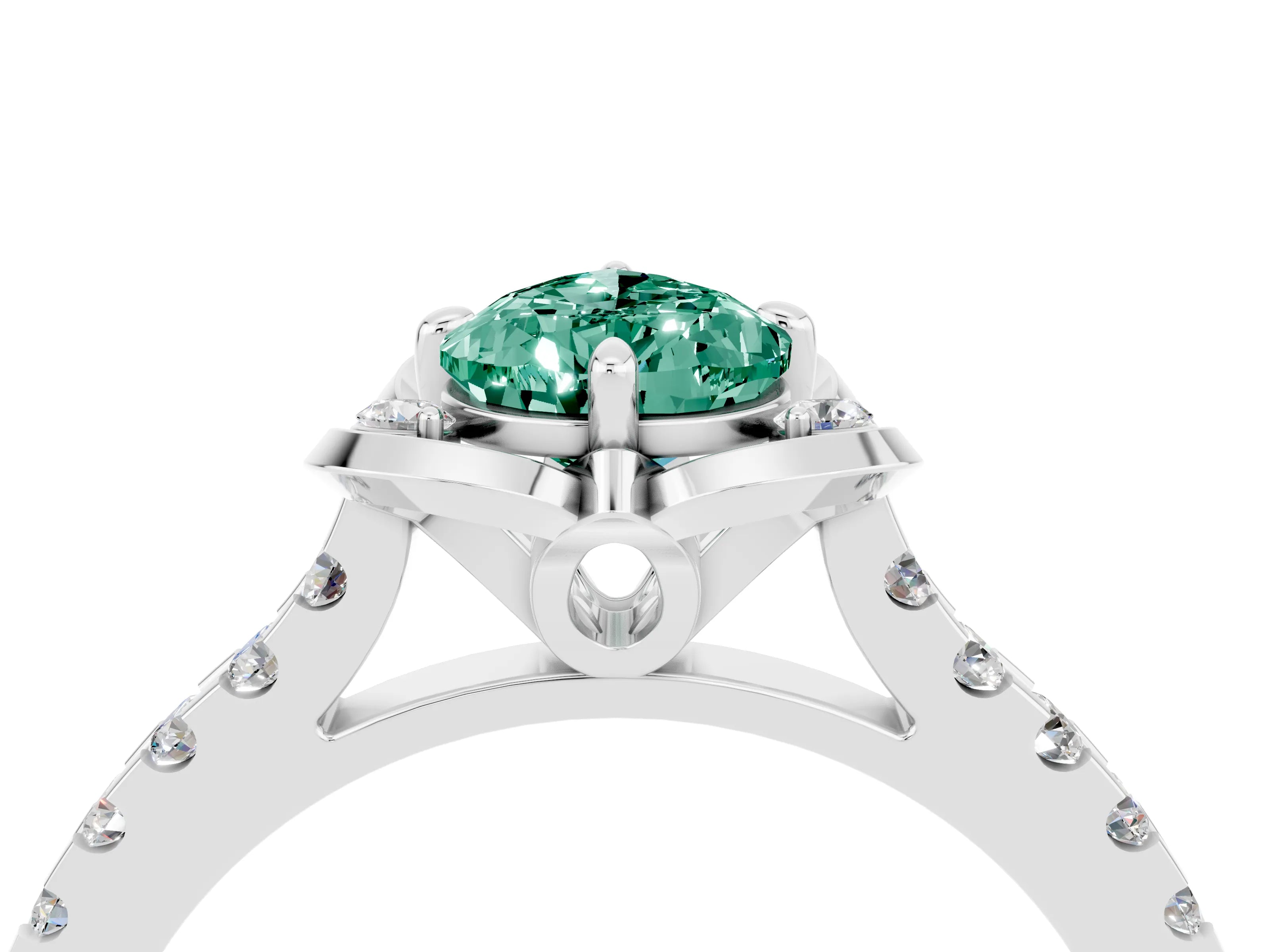 White gold Pear Cut Green Sapphire Ring with Pavé Band and Floral Prong Setting_4