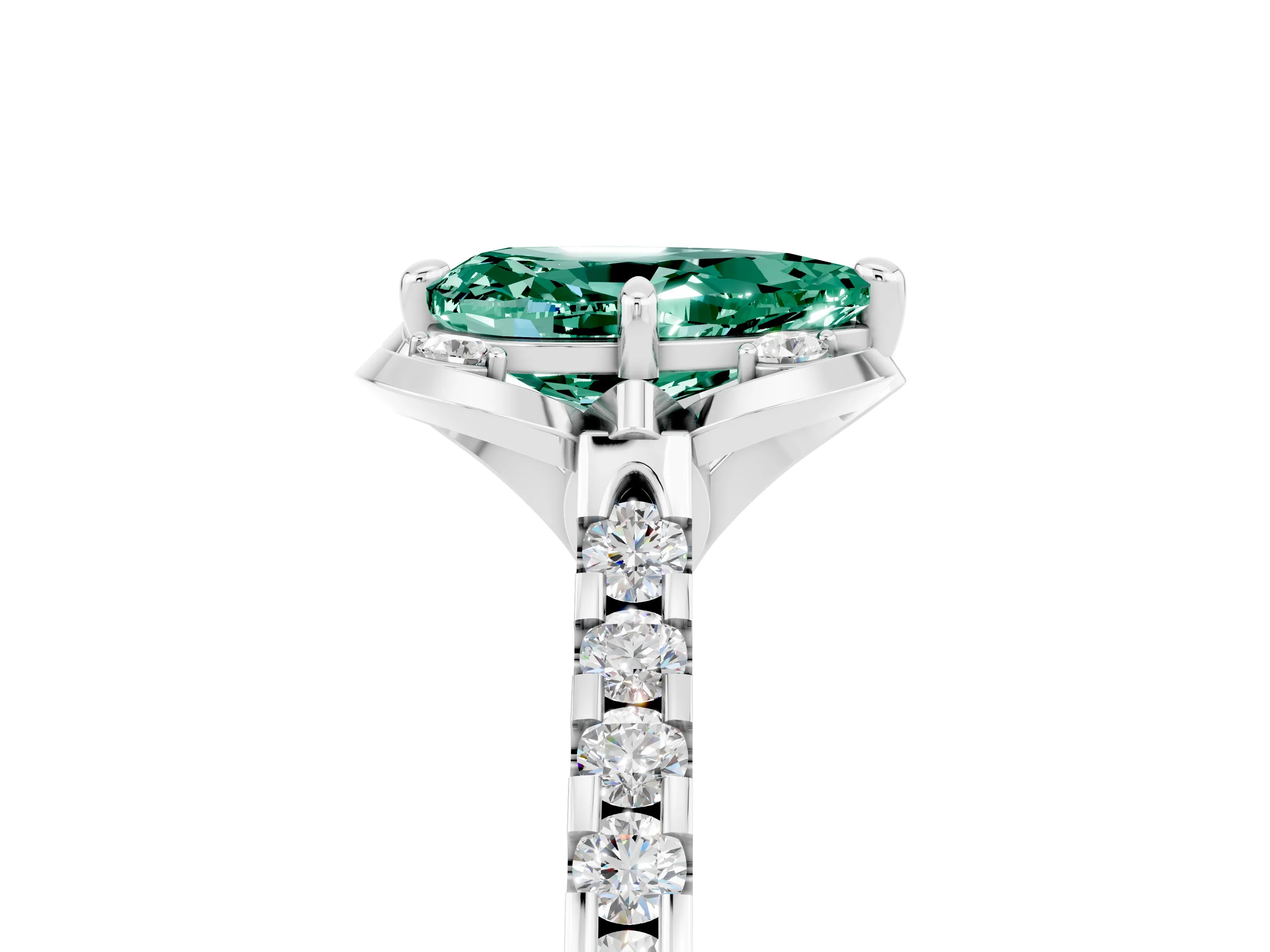 White gold Pear Cut Green Sapphire Ring with Pavé Band and Floral Prong Setting_5