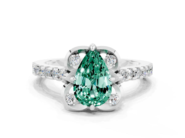 Silver Pear Cut Green Sapphire Ring with Pavé Band and Floral Prong Setting