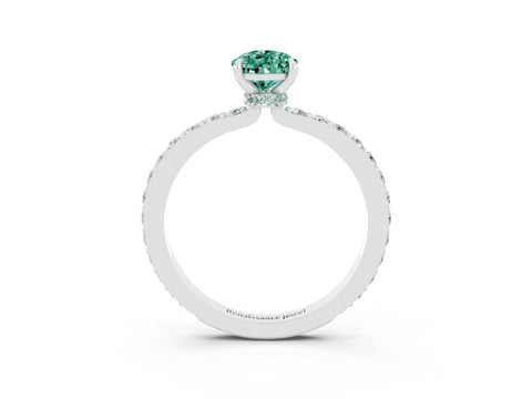 White gold Pear Cut Green Sapphire Ring with Pavé Band and Four-Prong Setting_3