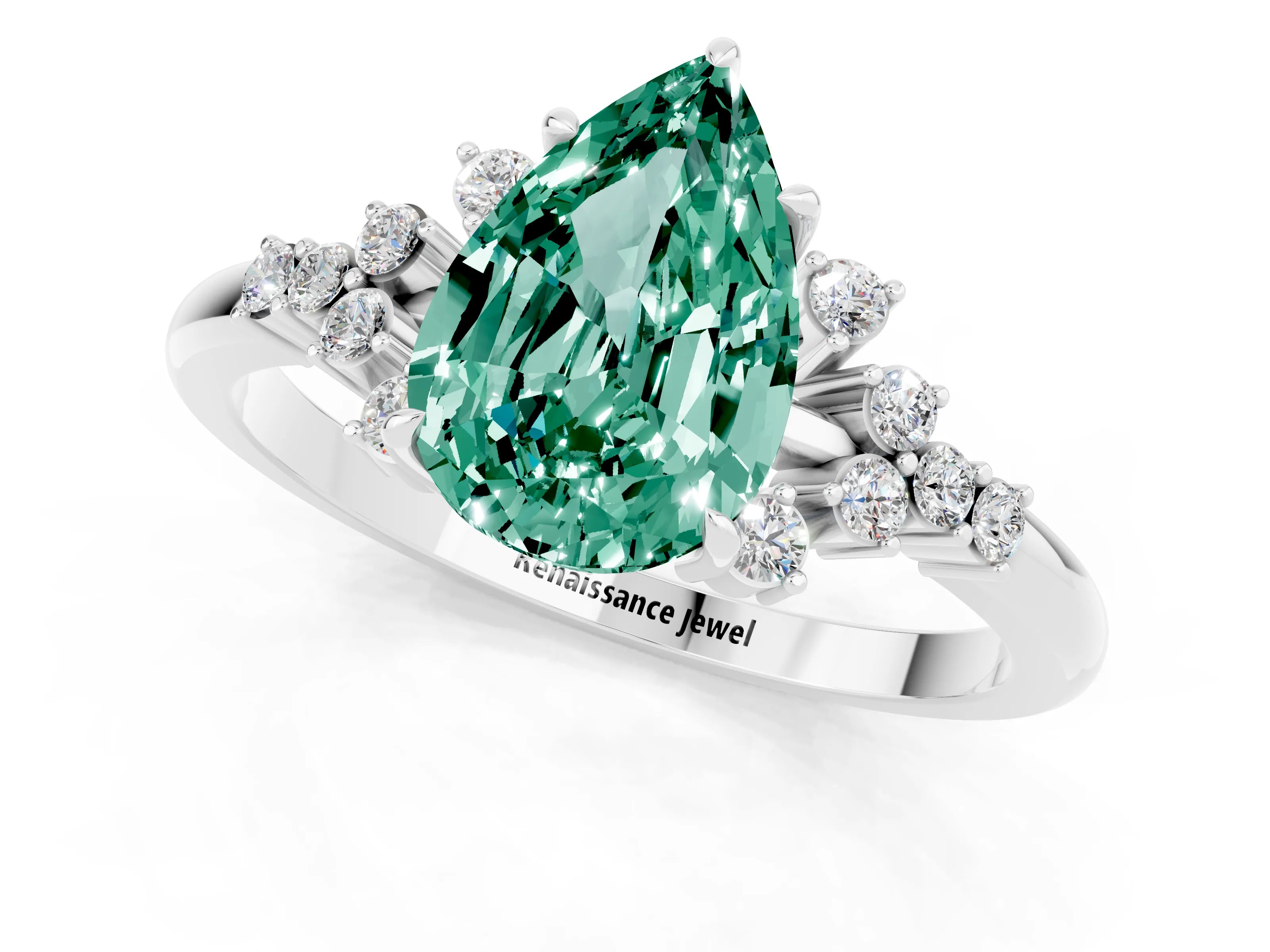 White gold Pear Cut Green Sapphire Ring with Side Stones and Four-Prong Setting_37