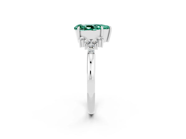 White gold Pear Cut Green Sapphire Ring with Side Stones and Four-Prong Setting