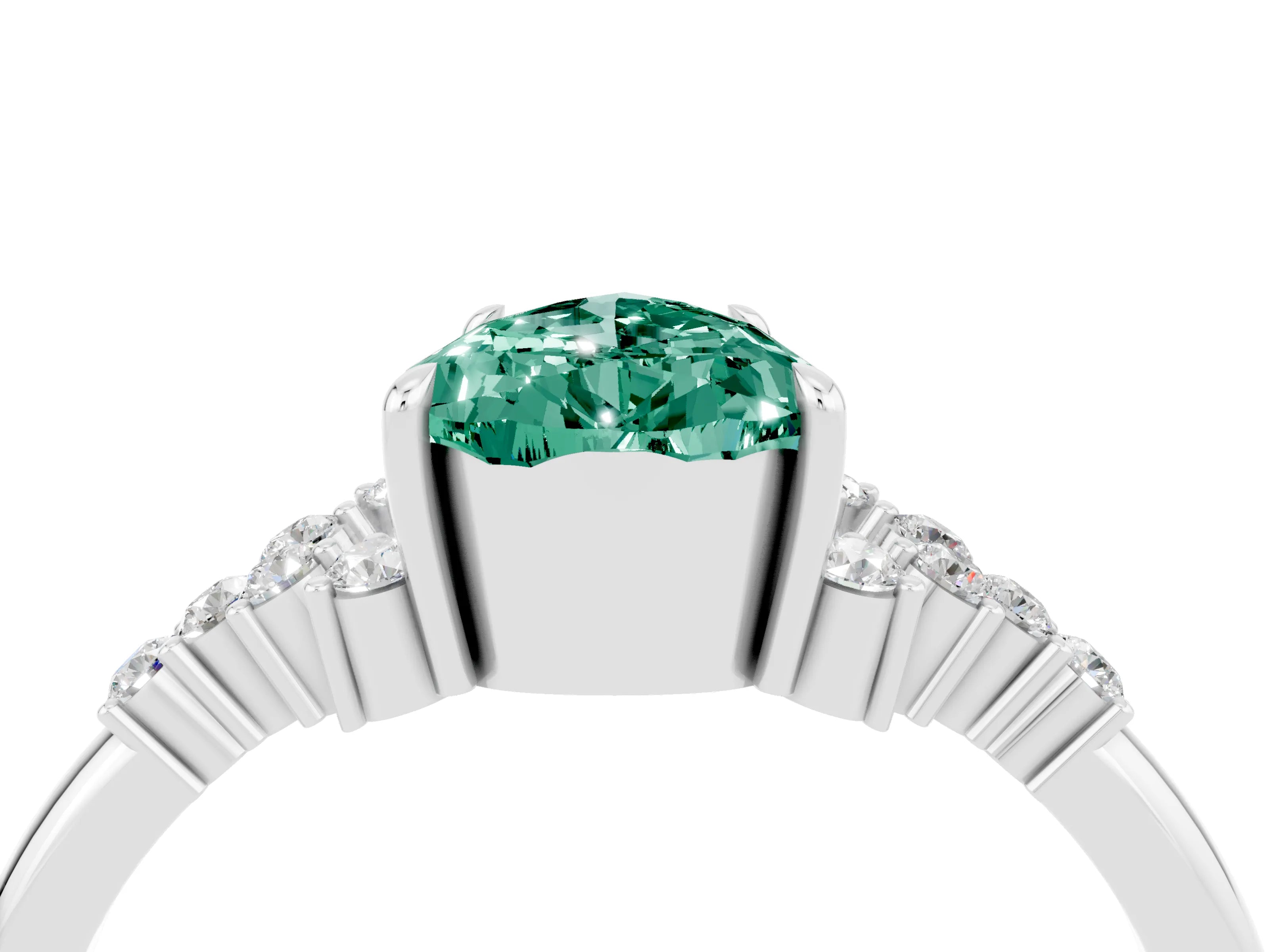White gold Pear Cut Green Sapphire Ring with Side Stones and Four-Prong Setting_40