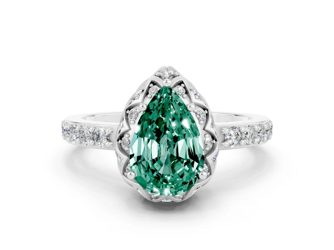 White gold Pear Cut Green Sapphire Scalloped Halo Engagement Ring with Round Shared Prong Band_36