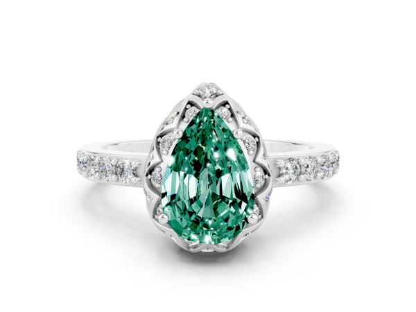 White gold Pear Cut Green Sapphire Scalloped Halo Engagement Ring with Round Shared Prong Band