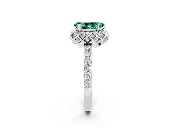 White gold Pear Cut Green Sapphire Scalloped Halo Engagement Ring with Round Shared Prong Band