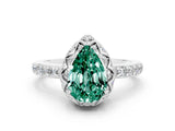 White gold Pear Cut Green Sapphire Scalloped Halo Engagement Ring with Round Shared Prong Band_48