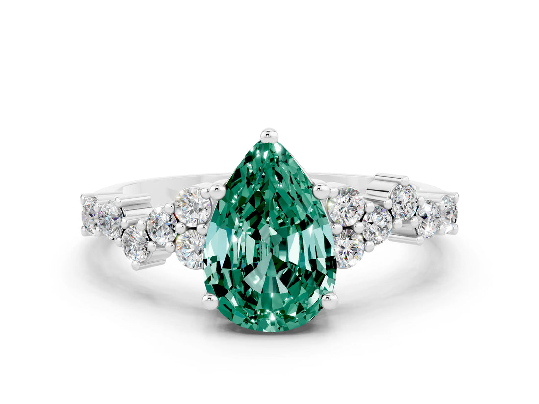 White gold Pear Cut Green Sapphire Scattered Round Accent Ring with Prong Setting_24