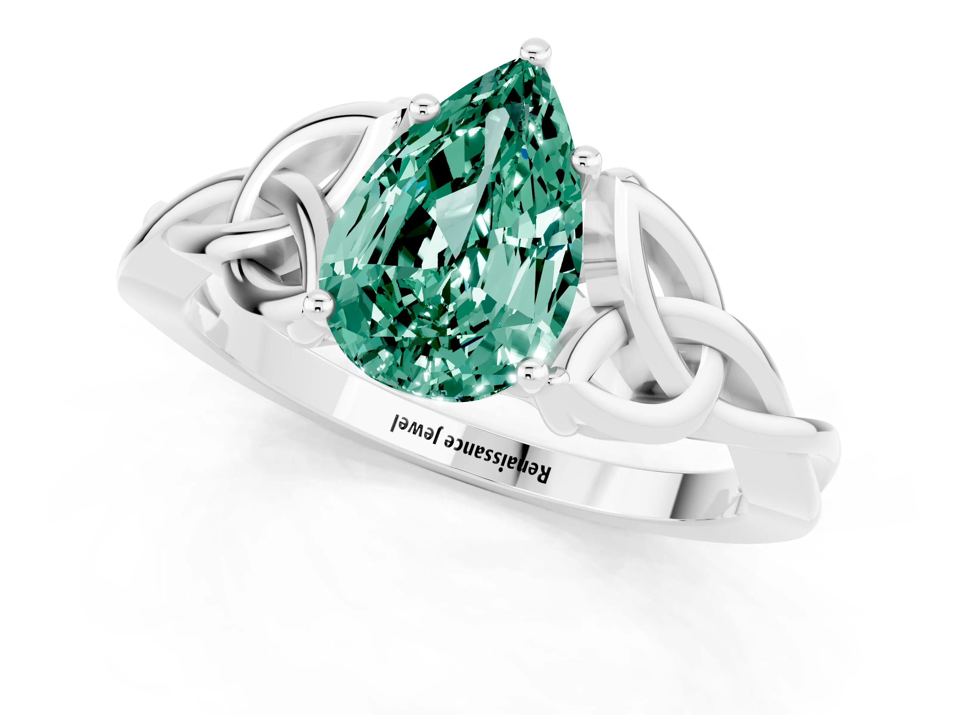 White gold Pear Cut Green Sapphire Solitaire Celtic Knot Ring with Four-Prong Setting_13