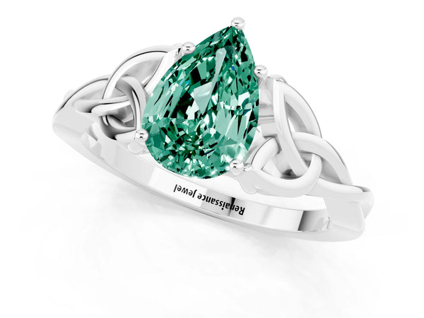 Silver Pear Cut Green Sapphire Solitaire Celtic Knot Ring with Four-Prong Setting