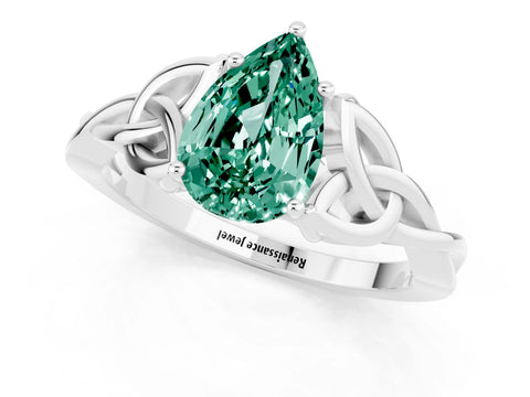 White gold Pear Cut Green Sapphire Solitaire Celtic Knot Ring with Four-Prong Setting_13