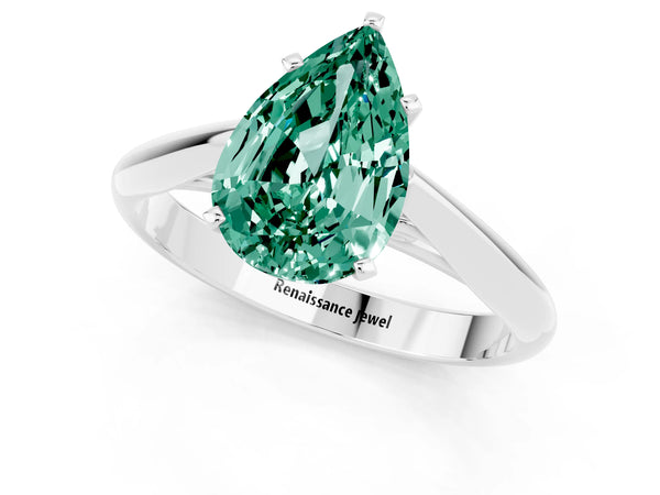 White gold Pear Cut Green Sapphire Solitaire Engagement Ring with Cathedral Setting and Four-Prong Mount
