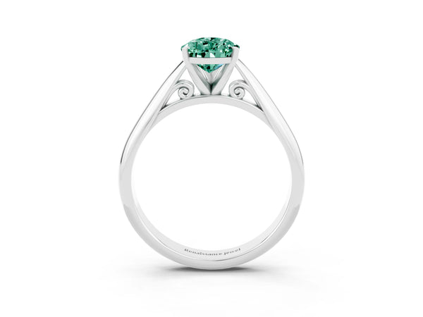 White gold Pear Cut Green Sapphire Solitaire Engagement Ring with Cathedral Setting and Four-Prong Mount