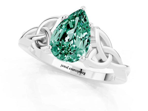 Silver Pear Cut Green Sapphire Solitaire Engagement Ring with Celtic Knot Band and Four-Prong Setting