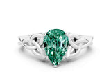 White gold Pear Cut Green Sapphire Solitaire Engagement Ring with Celtic Knot Band and Four-Prong Setting