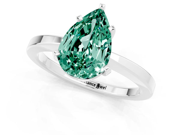 White gold Pear Cut Green Sapphire Solitaire Engagement Ring with Classic Band and Four-Prong Setting