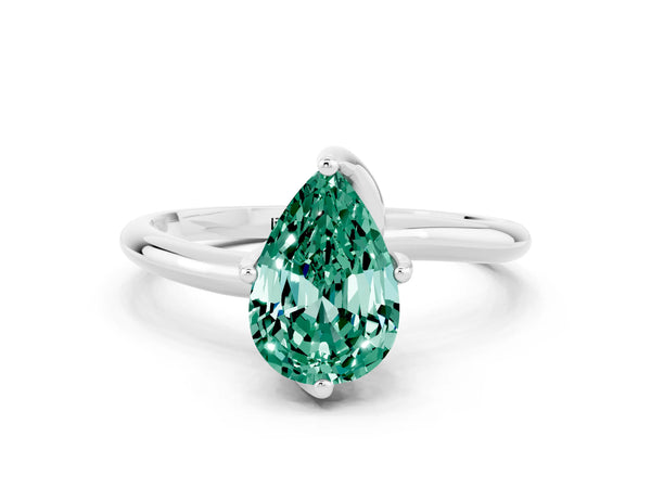 Silver Pear Cut Green Sapphire Solitaire Engagement Ring with Four-Prong Setting and Classic Band