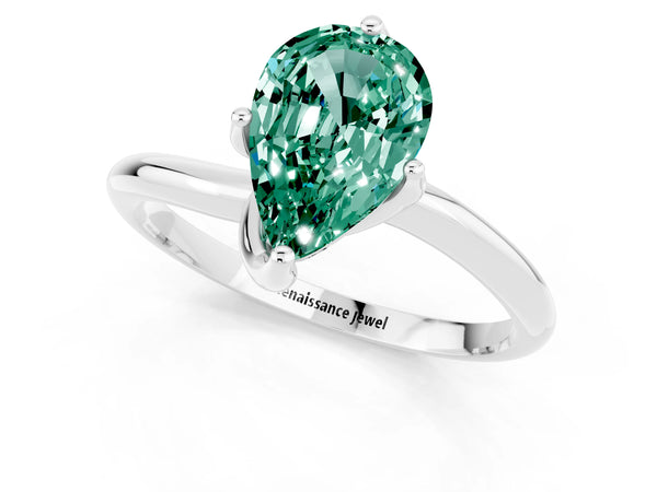 Platinum Pear Cut Green Sapphire Solitaire Engagement Ring with Four-Prong Setting and Classic Band