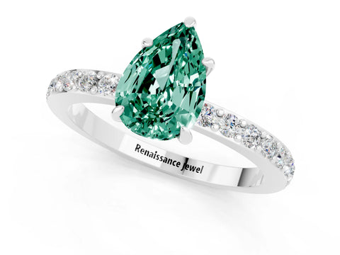 White gold Pear Cut Green Sapphire Solitaire Engagement Ring with Pavé Band and Four-Prong Setting_1