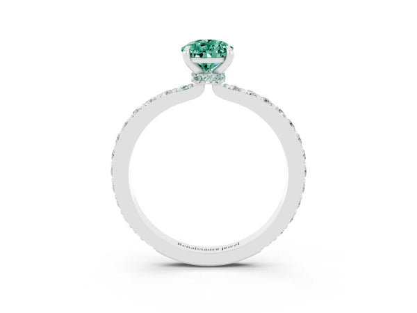 Platinum Pear Cut Green Sapphire Solitaire Engagement Ring with Pavé Band and Four-Prong Setting