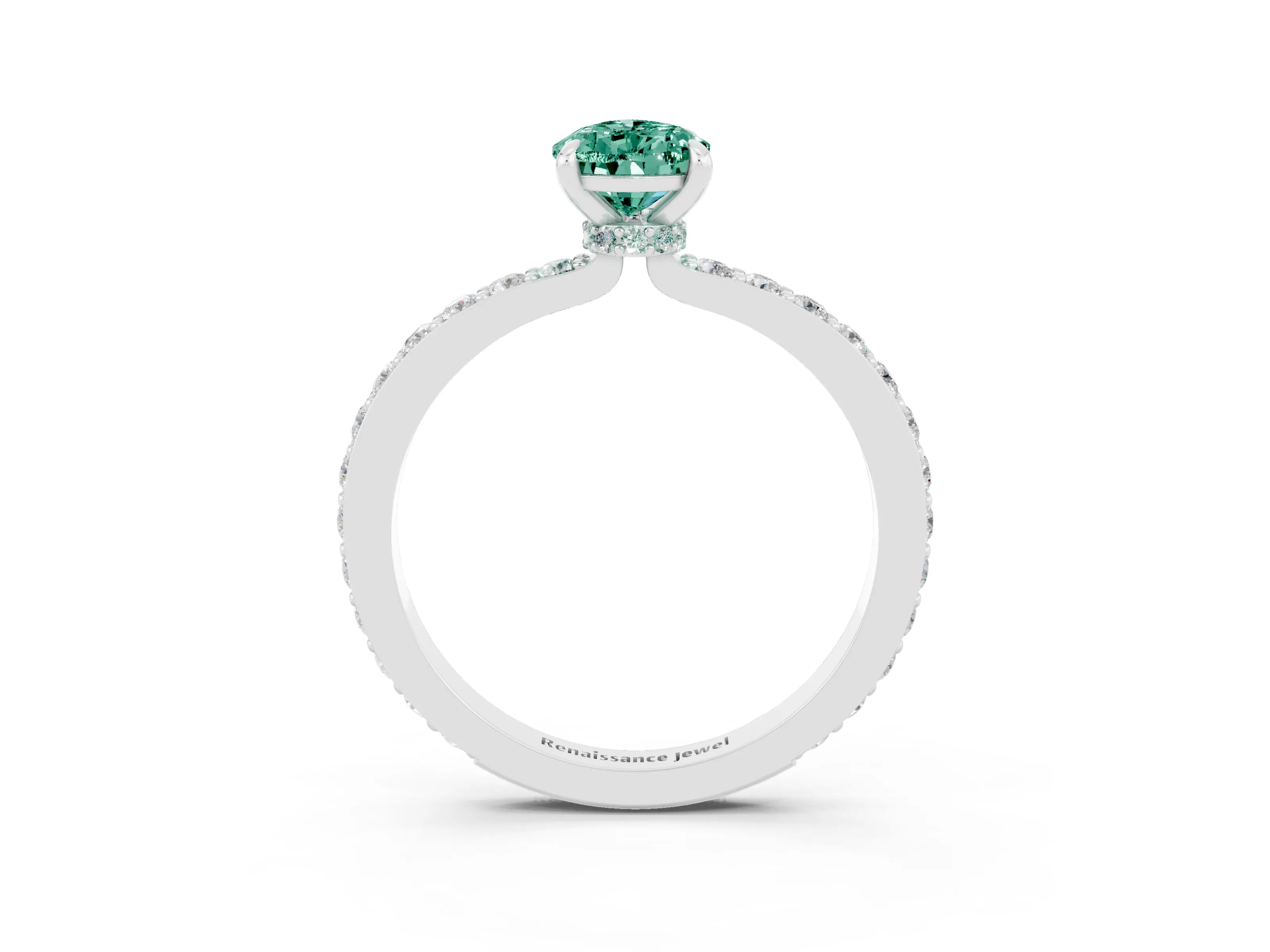White gold Pear Cut Green Sapphire Solitaire Engagement Ring with Pavé Band and Four-Prong Setting_3