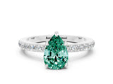White gold Pear Cut Green Sapphire Solitaire Engagement Ring with Pavé Band and Four-Prong Setting