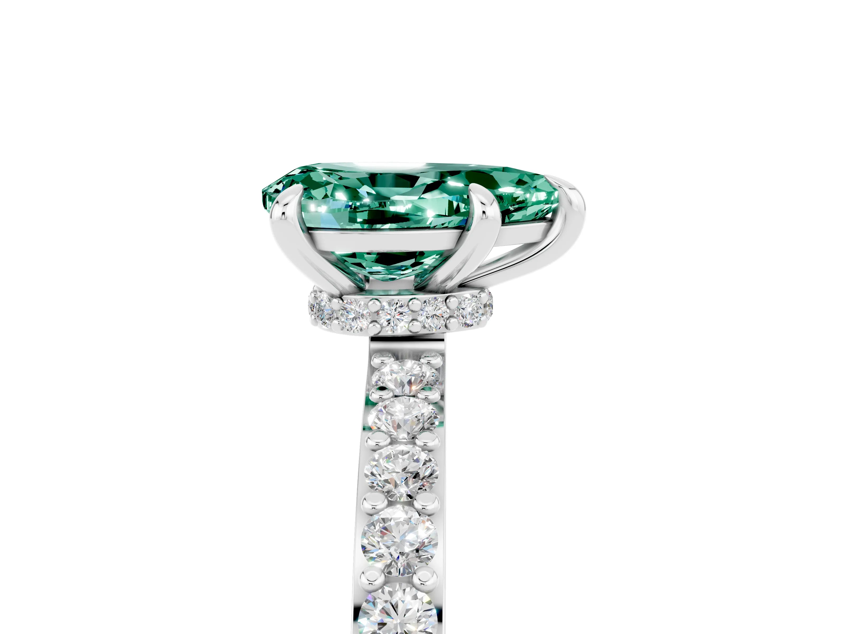 White gold Pear Cut Green Sapphire Solitaire Engagement Ring with Pavé Band and Four-Prong Setting_5