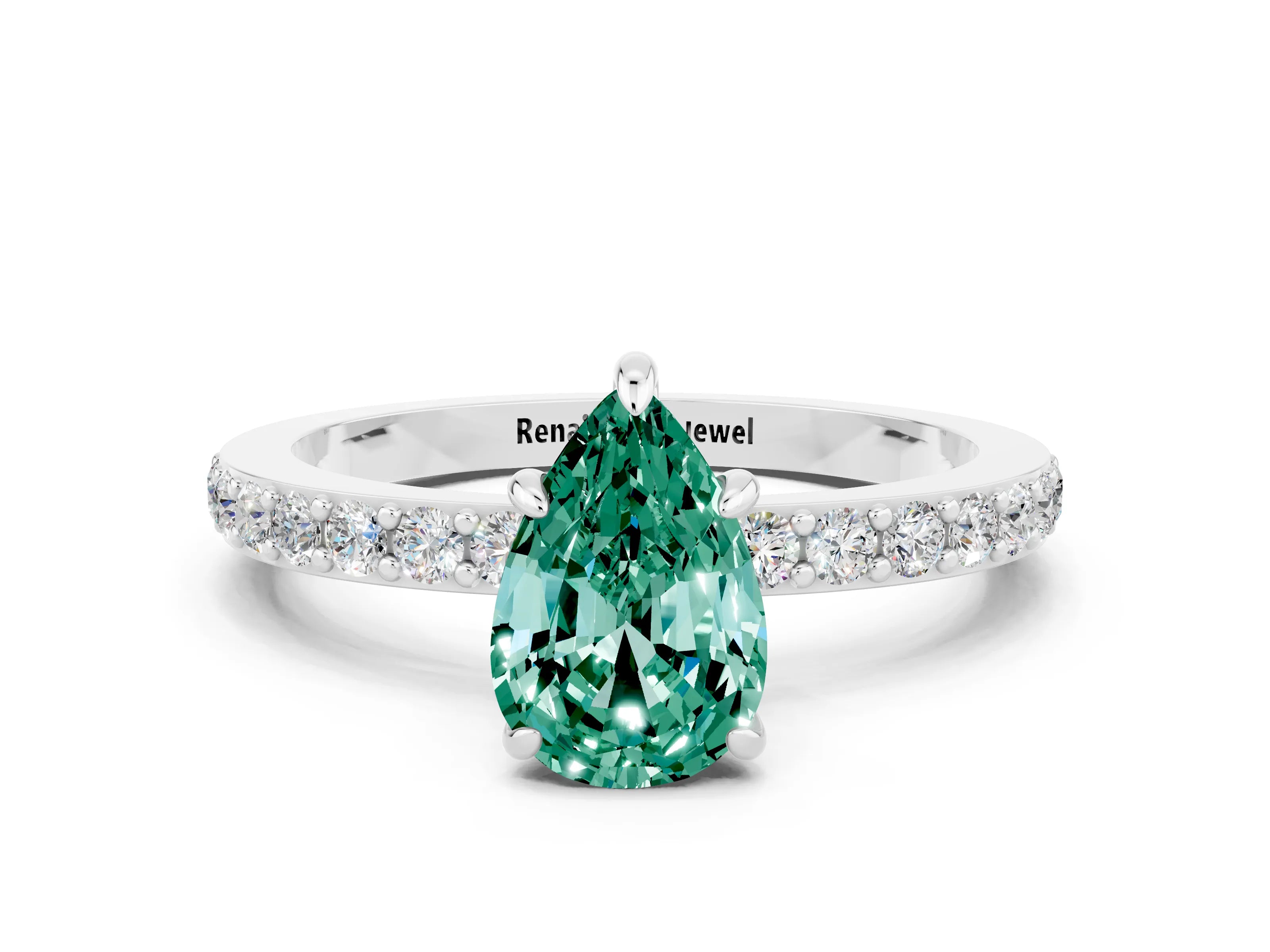 White gold Pear Cut Green Sapphire Solitaire Engagement Ring with Pavé Band and Four-Prong Setting