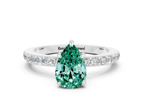 White gold Pear Cut Green Sapphire Solitaire Engagement Ring with Pavé Band and Four-Prong Setting