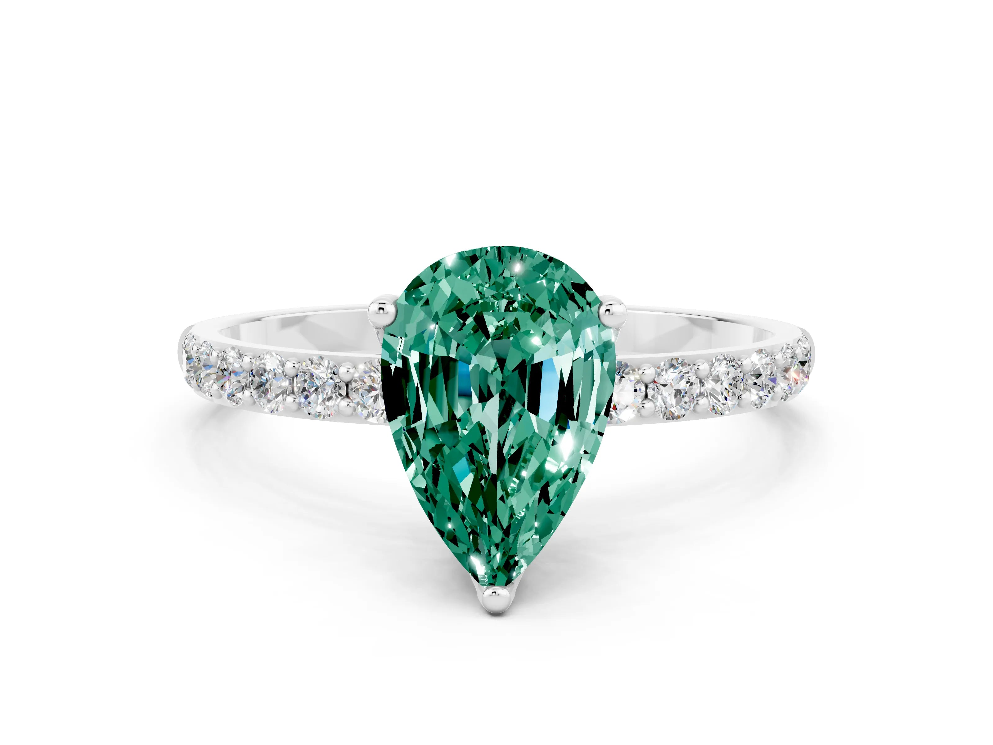 White gold Pear Cut Green Sapphire Solitaire Engagement Ring with Pavé Band and Prong Setting