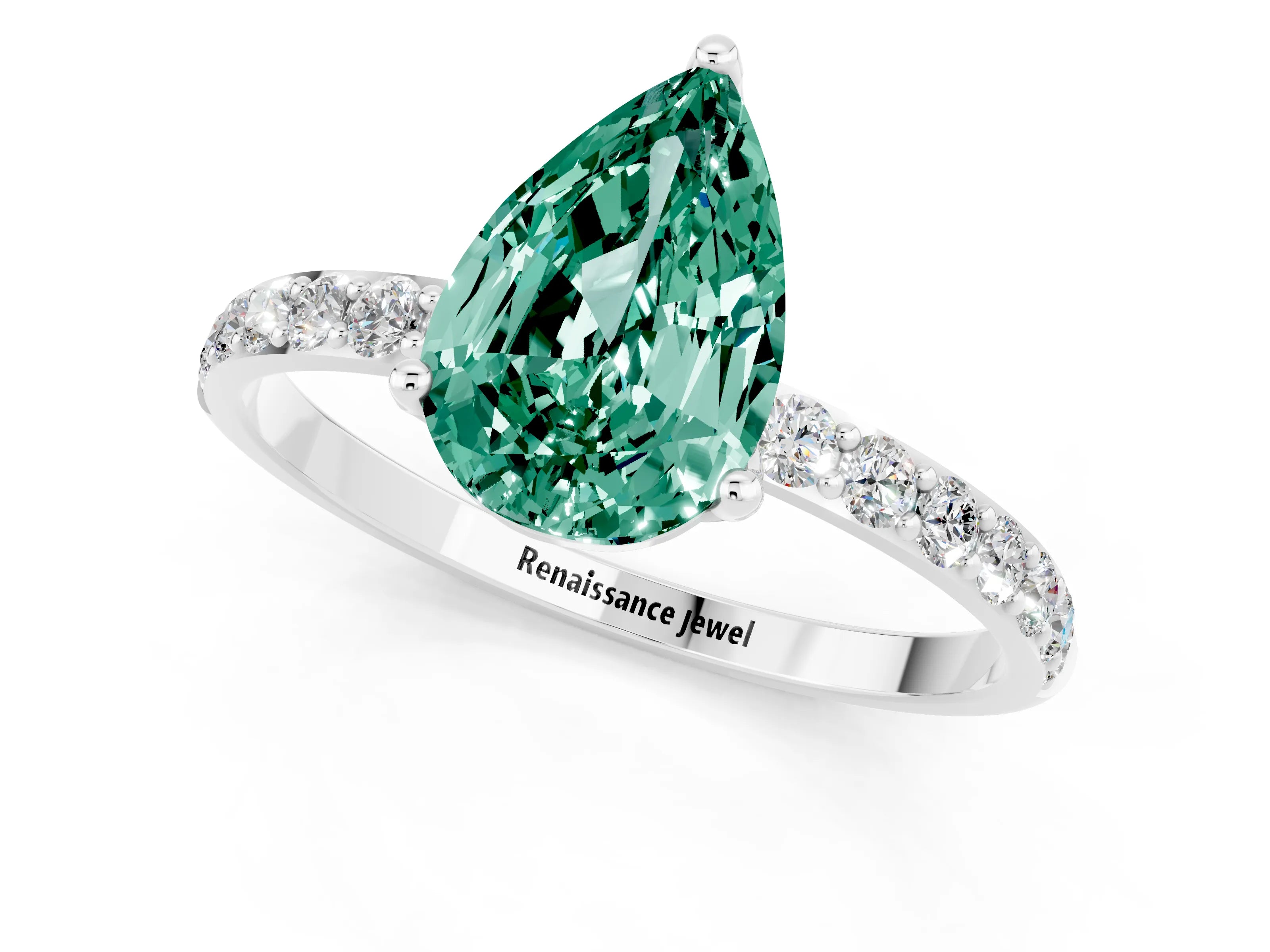White gold Pear Cut Green Sapphire Solitaire Engagement Ring with Pavé Band and Prong Setting_1
