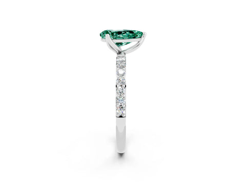 White gold Pear Cut Green Sapphire Solitaire Engagement Ring with Pavé Band and Prong Setting_2