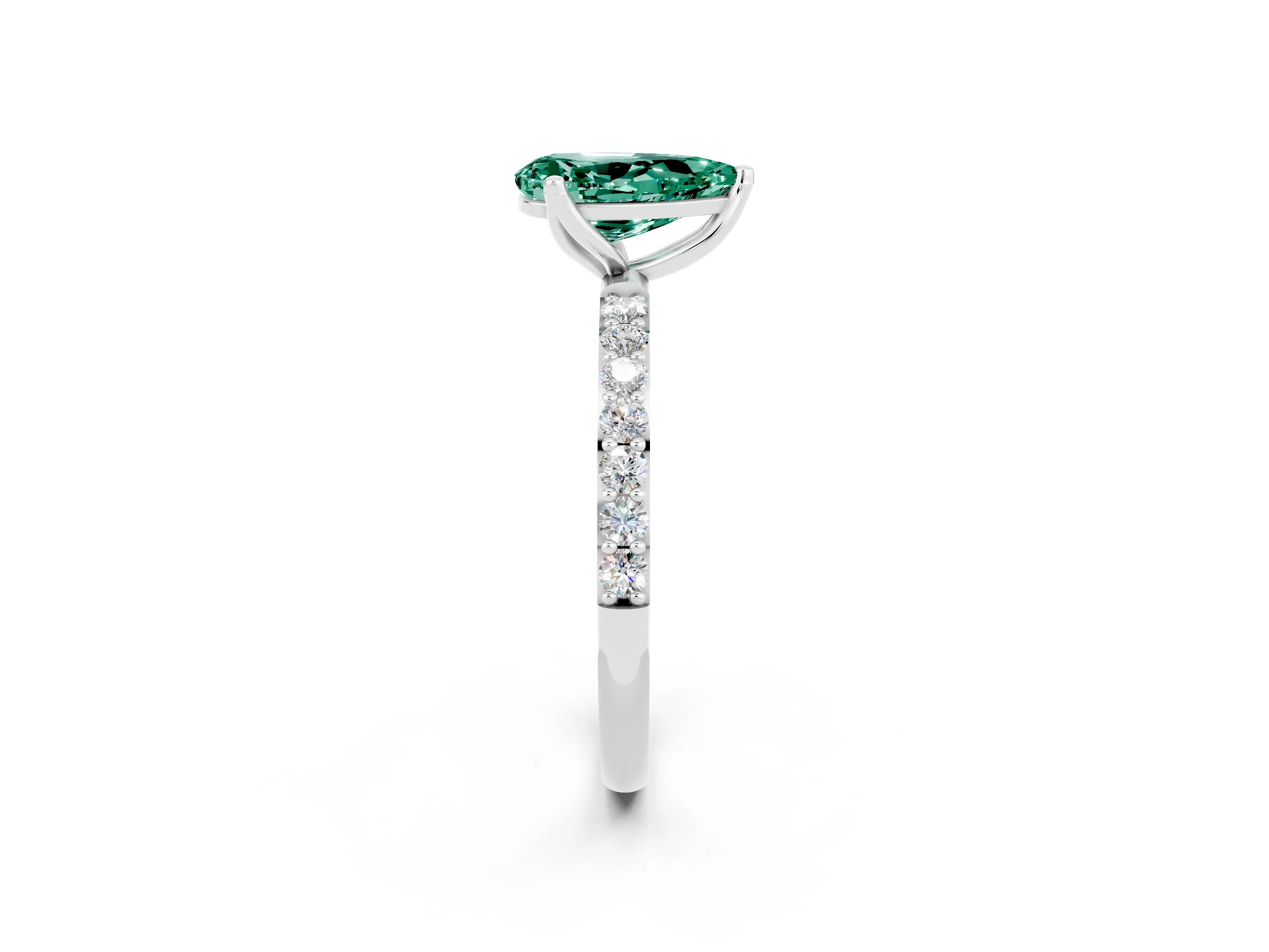 White gold Pear Cut Green Sapphire Solitaire Engagement Ring with Pavé Band and Prong Setting_2
