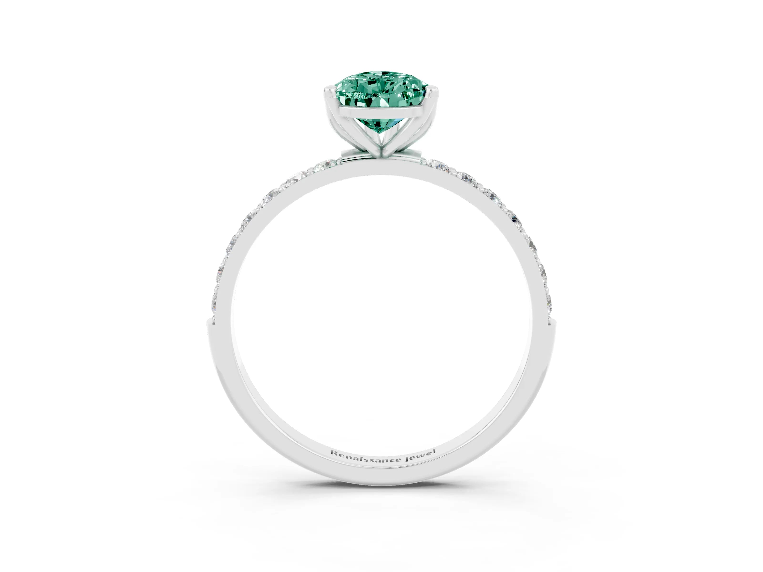White gold Pear Cut Green Sapphire Solitaire Engagement Ring with Pavé Band and Prong Setting_3