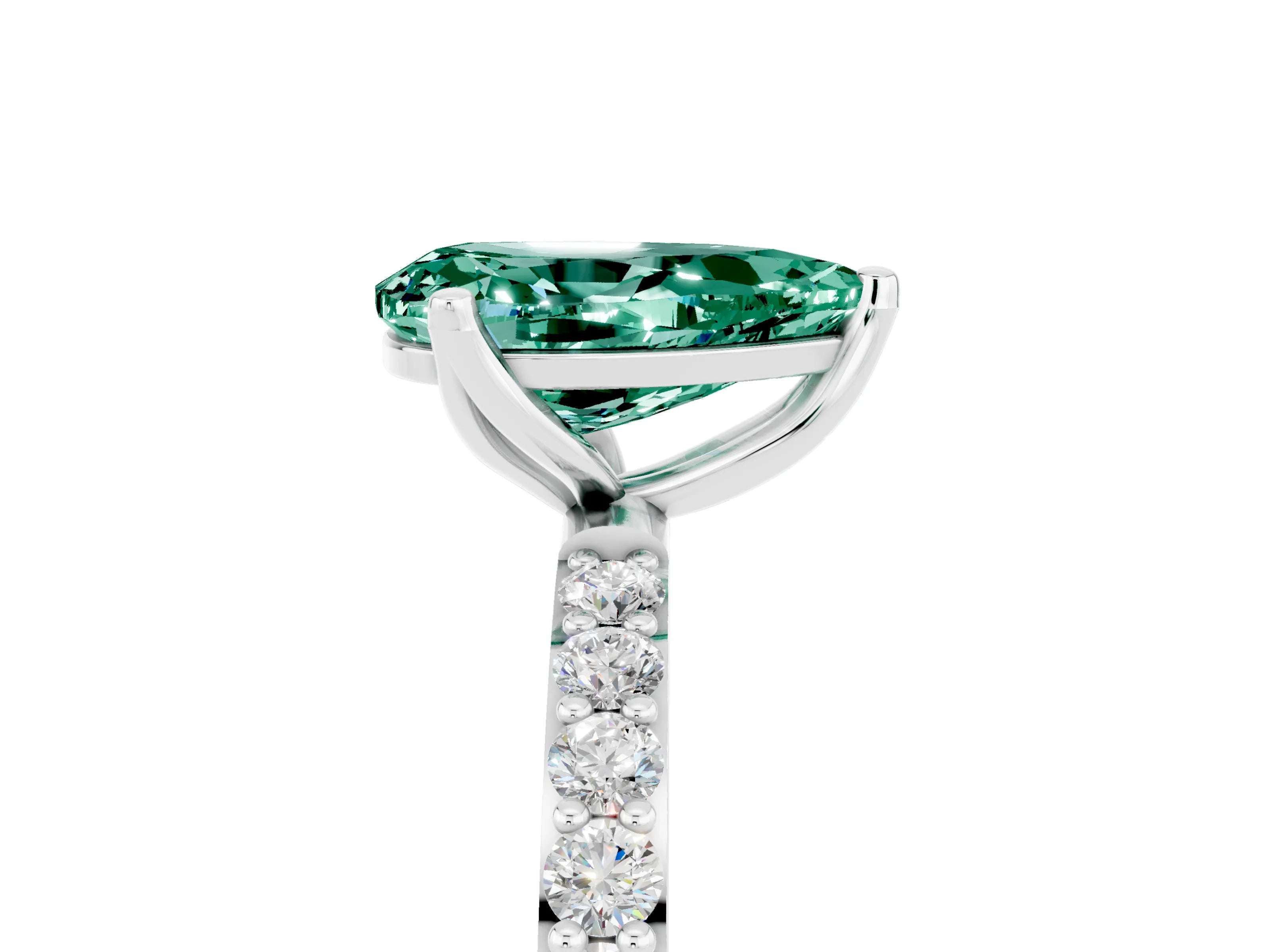 White gold Pear Cut Green Sapphire Solitaire Engagement Ring with Pavé Band and Prong Setting_5