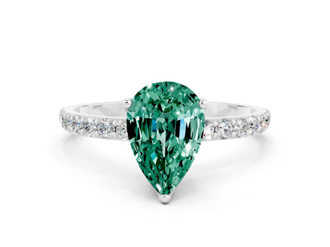 White gold Pear Cut Green Sapphire Solitaire Engagement Ring with Pavé Band and Prong Setting