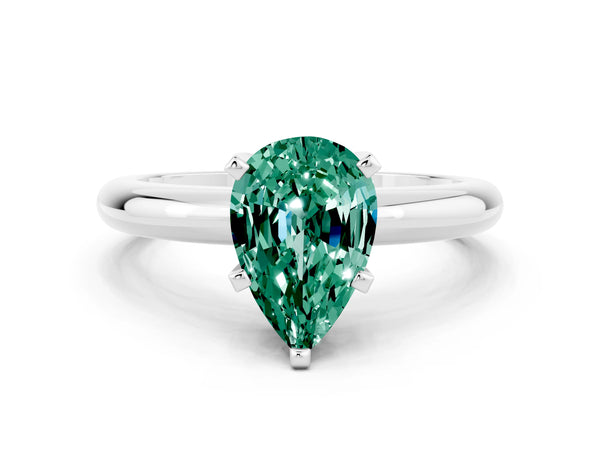 White gold Pear Cut Green Sapphire Solitaire Engagement Ring with Round Band and Four-Prong Setting