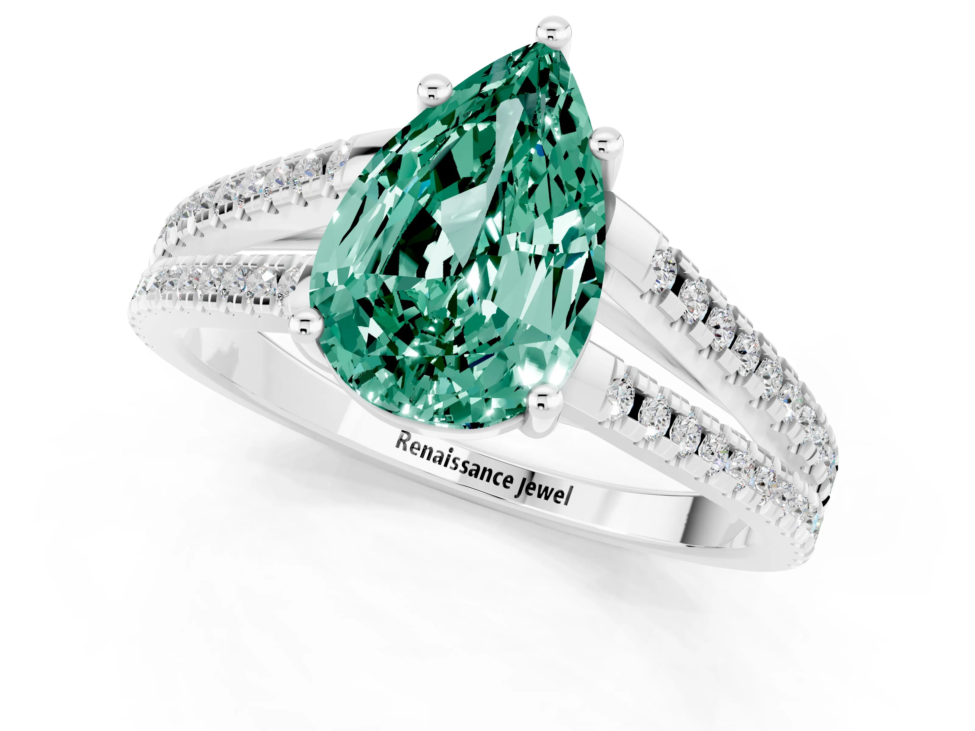White gold Pear Cut Green Sapphire Solitaire Engagement Ring with Split Shank Pavé Band_1