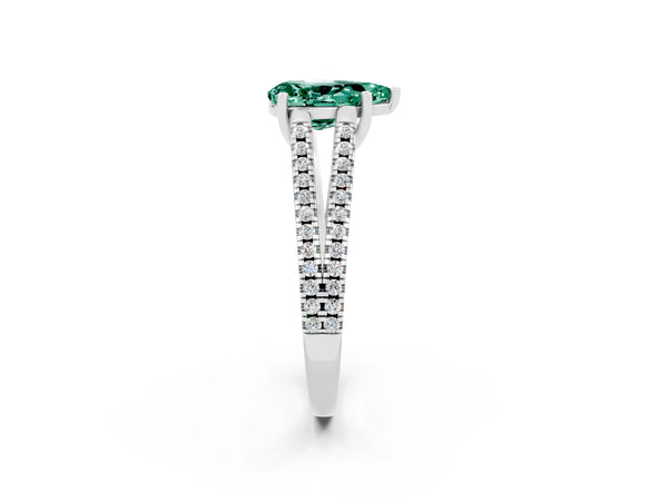 Silver Pear Cut Green Sapphire Solitaire Engagement Ring with Split Shank Pavé Band