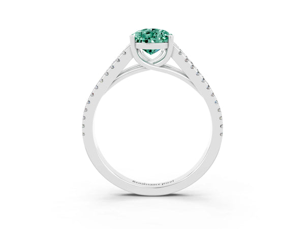 White gold Pear Cut Green Sapphire Solitaire Engagement Ring with Split Shank Pavé Band